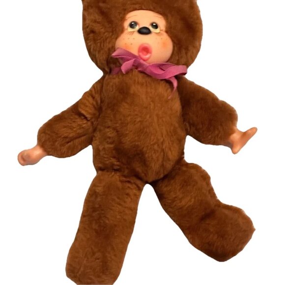 Vintage 1974 Monchhichi Female Thumb-Sucker Doll Pink Bow Japan 15" Plush - Picture 5 of 7